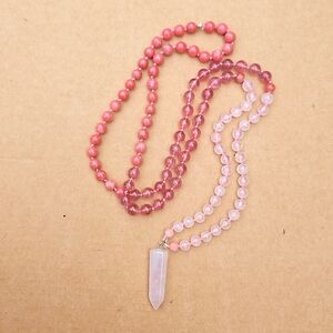 Rose Quartz Strawberry Quartz Thulite Hand Knotted 108 Bead Mala Brand New